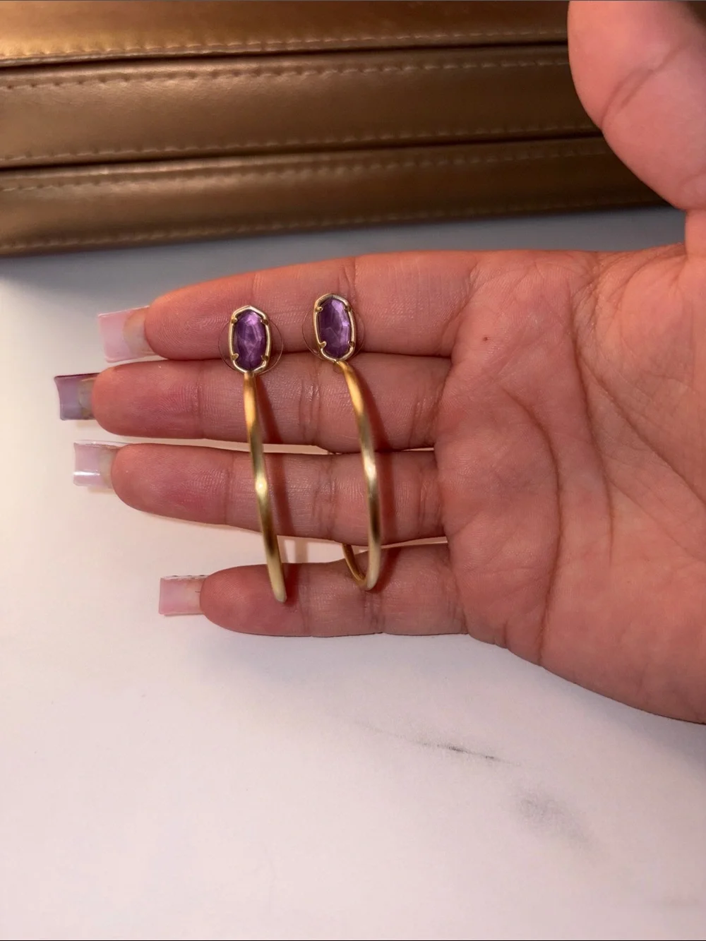 Kendra Scott Gold Hoop Earrings with Purple Stone Tops